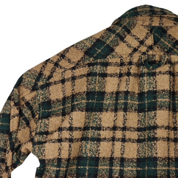 mnml Shacket Shirt Jacket M Men Plaid Loose Woven Flannel Brown Green Raw Hem - Picture 14 of 16